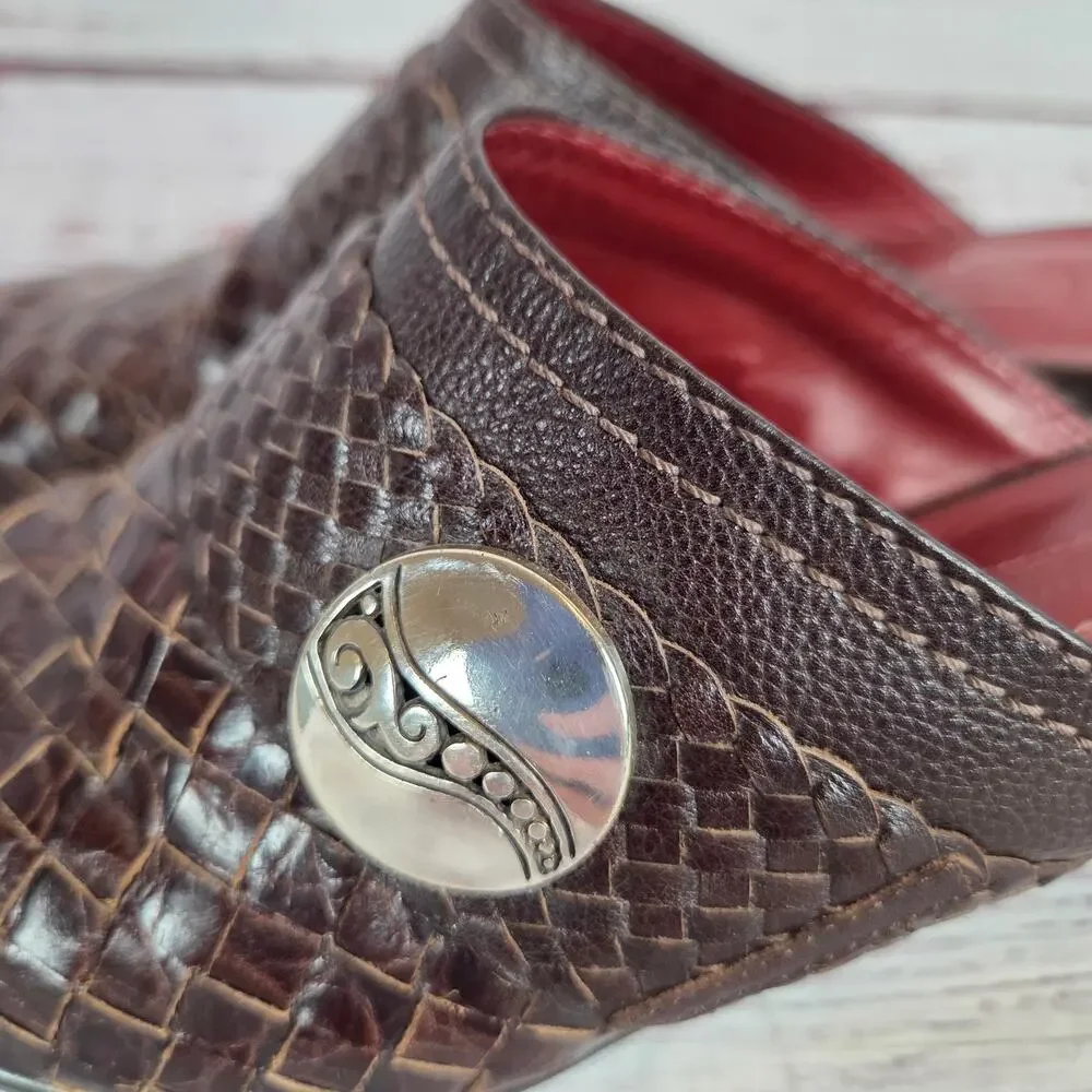 Brighton Twirl Woven Leather Mules Sz 8M Earthy Brown Chunky Heel Slip on Shoes